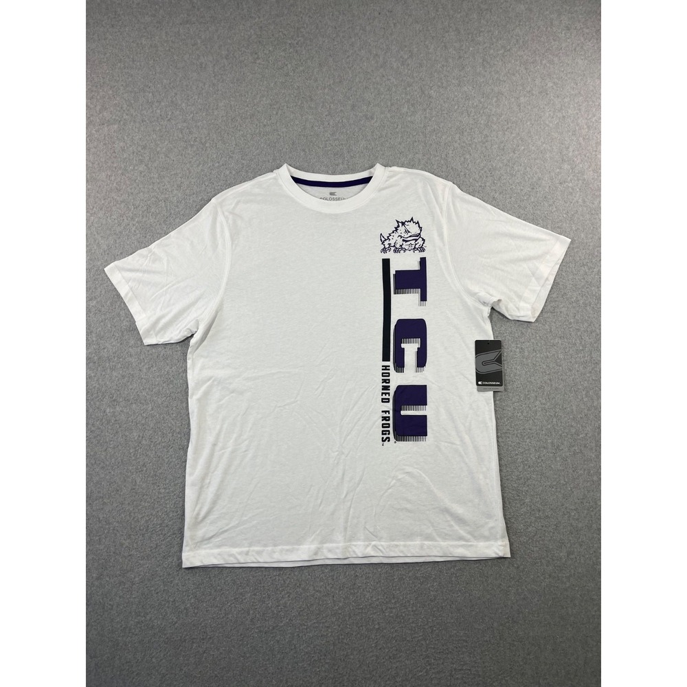 TCU Horned Frogs Shirt Mens L White Purple Short Sleeve Colosseum Relaxed Fit
